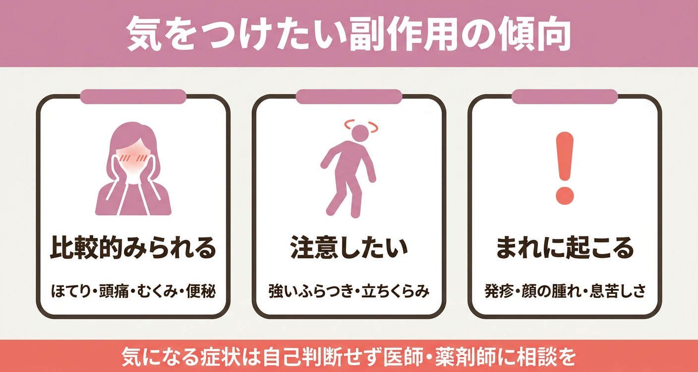 アムロジピンで一般に知られている副作用の傾向を「比較的みられる」「注意したい」「まれに起こる」の3カードで整理した図解。ほてりやむくみなど軽度とされる例と、ふらつきや発疹など注意したい例を視覚的に示し、気になる症状は自己判断せず医師・薬剤師に相談することを促します。