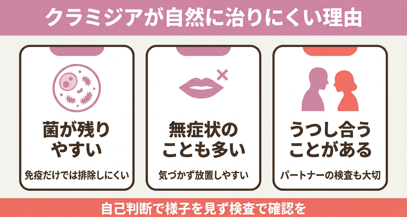 クラミジアが自然に治りにくいとされる理由を「菌が残りやすい」「無症状のことも多い」「うつし合うことがある」の3カードで整理した図解。免疫だけでは排除しにくいこと、気づきにくさ、パートナーへの配慮を視覚的に示し、自己判断せず検査で確認することを促します。
