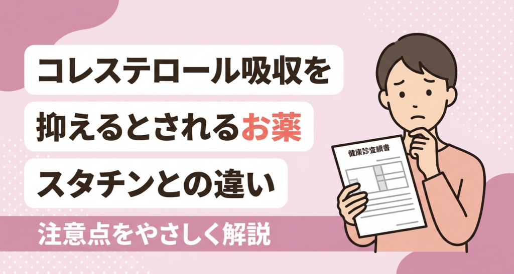 小腸コレステロールトランスポーター阻害薬の一般的な位置づけとスタチンとの違い、注意点をやさしく伝えるアイキャッチイラスト。淡いピンクを基調に、健康診断の結果を気にする人物と、吸収を抑えるとされるお薬・違いを解説する旨のタイトルを配置し、脂質の値が気になる読者に安心感を与える親しみやすいデザインです。