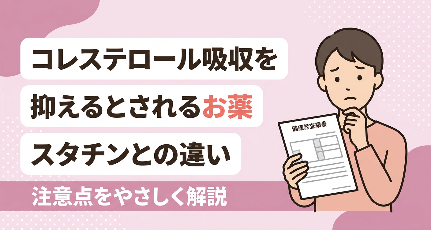 小腸コレステロールトランスポーター阻害薬の一般的な位置づけとスタチンとの違い、注意点をやさしく伝えるアイキャッチイラスト。淡いピンクを基調に、健康診断の結果を気にする人物と、吸収を抑えるとされるお薬・違いを解説する旨のタイトルを配置し、脂質の値が気になる読者に安心感を与える親しみやすいデザインです。