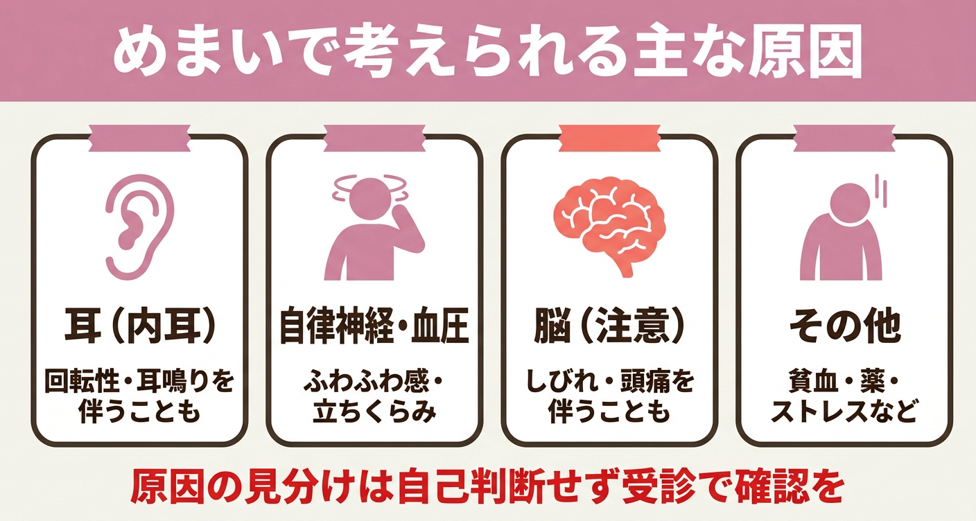 めまいで考えられる主な原因を「耳（内耳）」「自律神経・血圧」「脳」「その他」の4カードで整理した図解。耳や自律神経が多いこと、脳は注意が必要なことを視覚的に示し、原因の見分けは自己判断せず受診で確認することを促します。