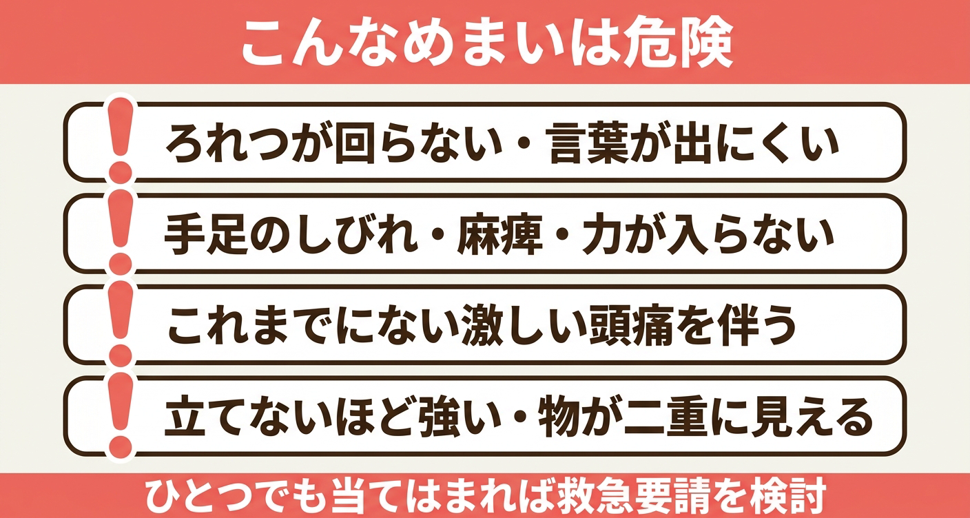 めまいのうち緊急性が高い危険なサインを4項目のチェックリストで整理した図解。ろれつ困難・手足のしびれ・激しい頭痛・立てないほど強いめまいという救急を検討すべきサインを視覚的に示し、ひとつでも当てはまれば救急要請を検討することをわかりやすく伝えます。