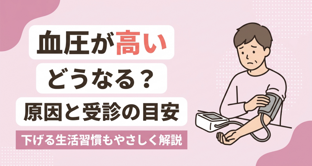 血圧が高いとどうなるのか、原因や受診の目安をやさしく伝えるアイキャッチイラスト。淡いピンクを基調に、血圧を測る人物と、下げる生活習慣まで解説する旨のタイトルを配置し、血圧が気になる読者に安心感を与える親しみやすいデザインです。