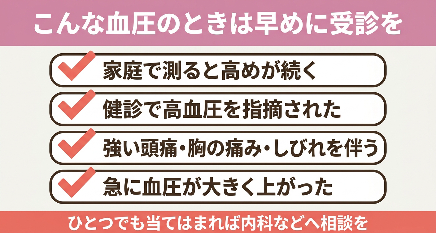 血圧が高いときに早めの受診を検討すべきサインを4項目のチェックリストで整理した図解。家庭での高め・健診での指摘・強い症状・急な上昇という受診の目安を視覚的に示し、ひとつでも当てはまれば内科などへ相談することをわかりやすく伝えます。