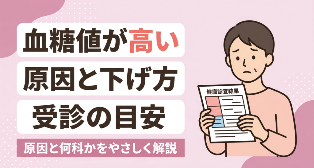 血糖値が高いと言われたときの原因・下げ方・受診の目安をやさしく伝えるアイキャッチイラスト。淡いピンクを基調に、健診結果を気にする人物と、原因・何科かを解説する旨のタイトルを配置しています。