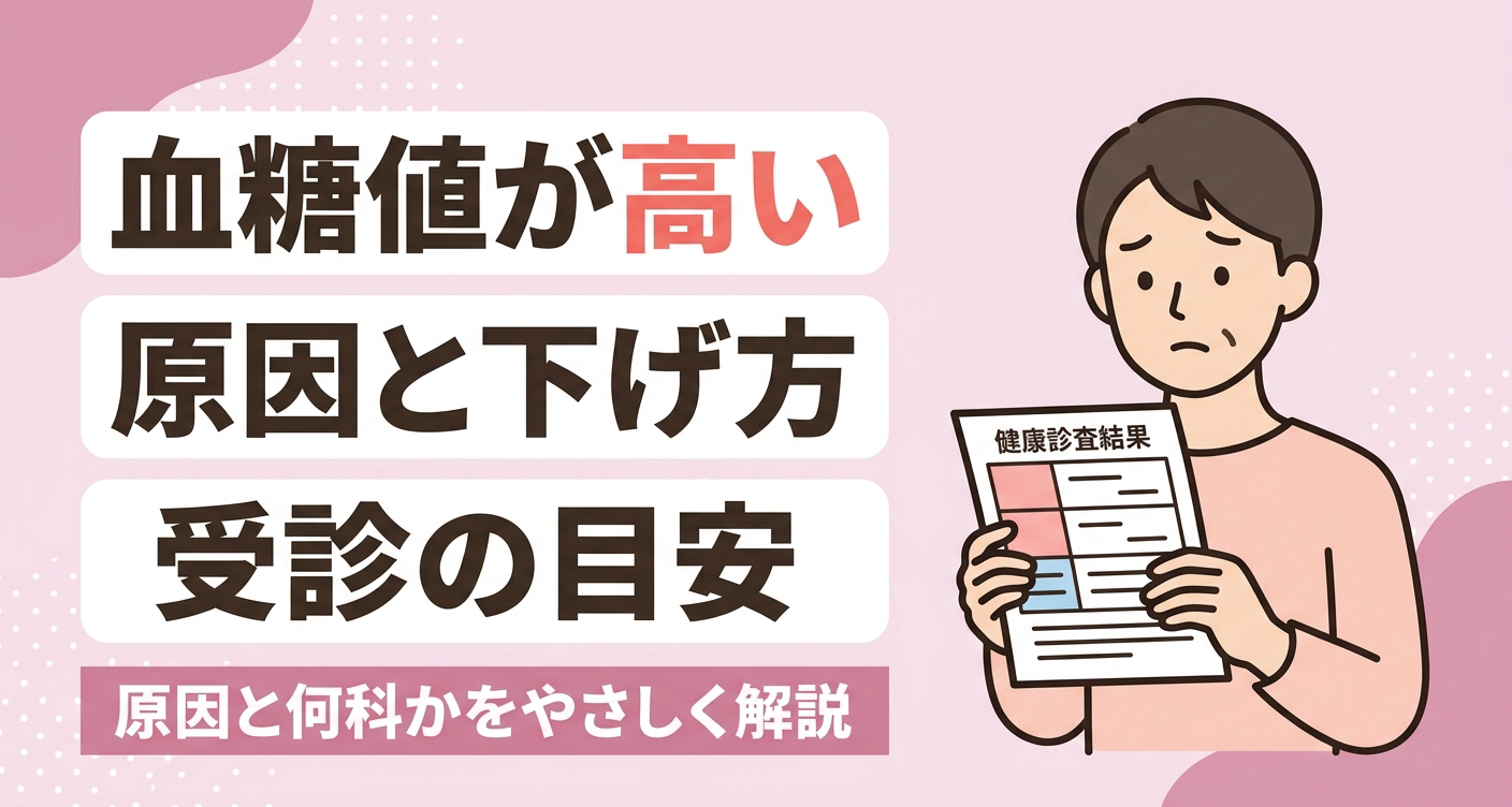 血糖値が高いと言われたときの原因・下げ方・受診の目安をやさしく伝えるアイキャッチイラスト。淡いピンクを基調に、健診結果を気にする人物と、原因・何科かを解説する旨のタイトルを配置しています。