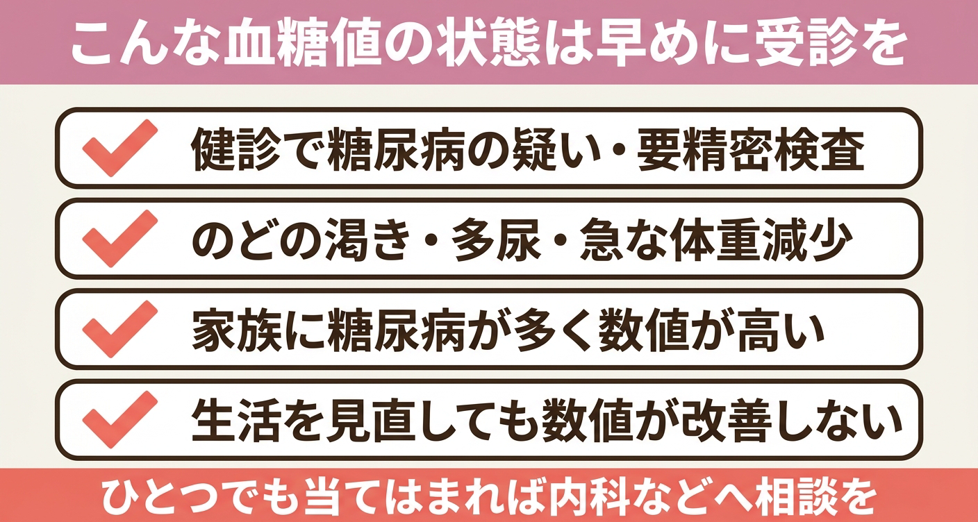 血糖値で早めの受診を検討すべきサインを4項目のチェックリストで整理した図解。健診での指摘・自覚症状・家族歴・改善しない数値という受診の目安を視覚的に示し、ひとつでも当てはまれば内科などへ相談することをわかりやすく伝えます。