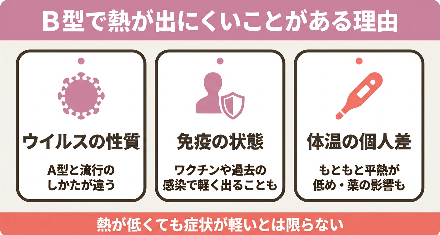B型で高熱が出にくいことがある背景を「ウイルスの性質」「免疫の状態」「体温の個人差」の3カードで整理した図解。あくまで傾向であること、熱が低くても症状が軽いとは限らないことを視覚的に示し、熱の数字だけで判断しないよう促します。