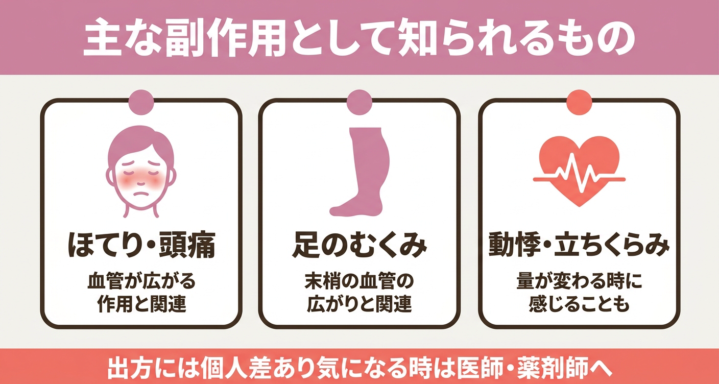 ニフェジピンで一般に知られている主な副作用を「ほてり・頭痛」「足のむくみ」「動悸・立ちくらみ」の3カードで整理した図解。血管を広げる作用に関連した症状であることを視覚的に示し、出方には個人差があり気になるときは医師・薬剤師に相談することを促します。