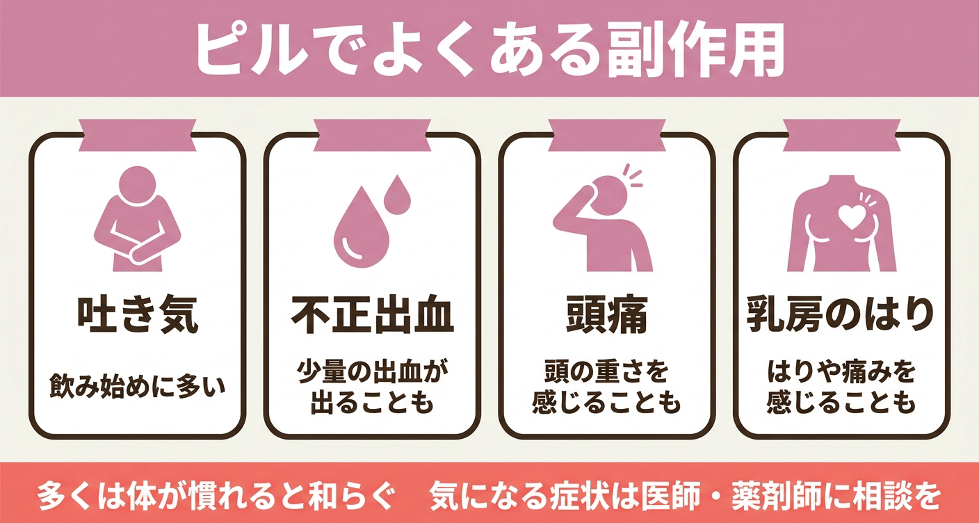 ピルの飲み始めに多いマイナートラブルを「吐き気」「不正出血」「頭痛」「乳房のはり」の4カードで整理した図解。多くは体が慣れる過程で和らぐ傾向があること、気になる症状は自己判断せず医師・薬剤師に相談することを促します。