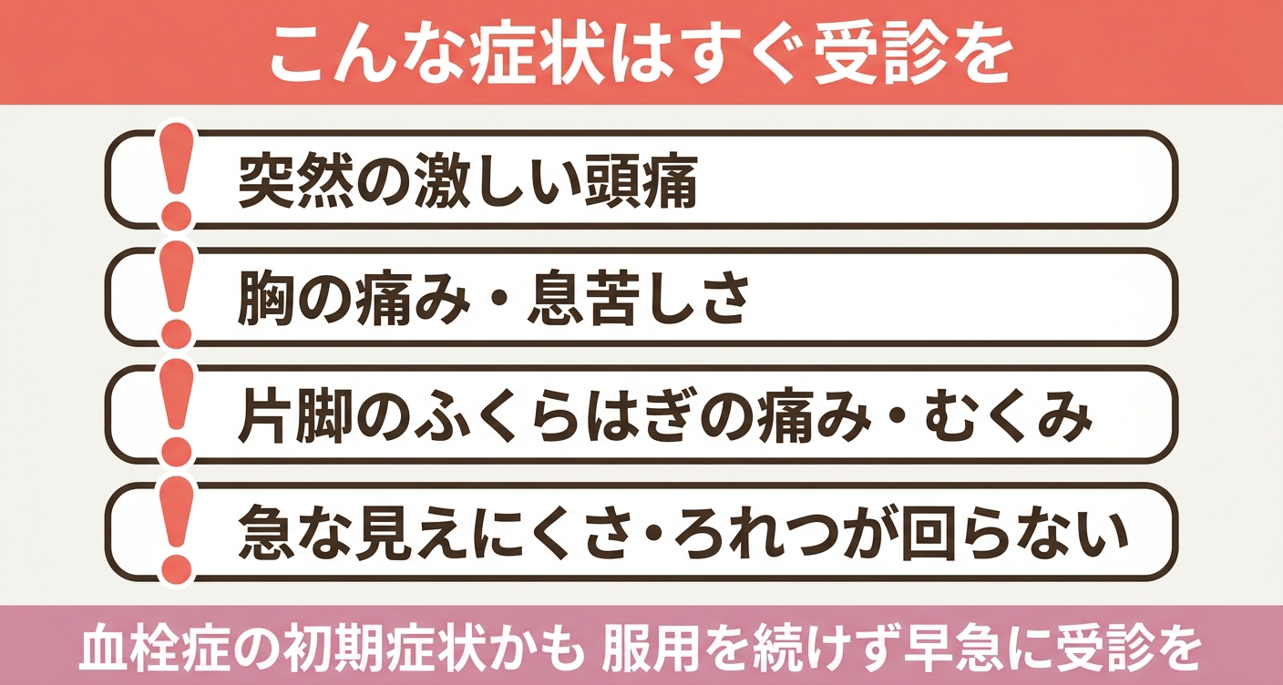 ピル服用中にすぐ受診が必要な症状を4項目のチェックリストで整理した図解。突然の激しい頭痛・胸痛・片脚の痛みやむくみ・急な見えにくさという血栓症の初期症状を視覚的に示し、当てはまれば服用を続けず早急に受診することをわかりやすく伝えます。