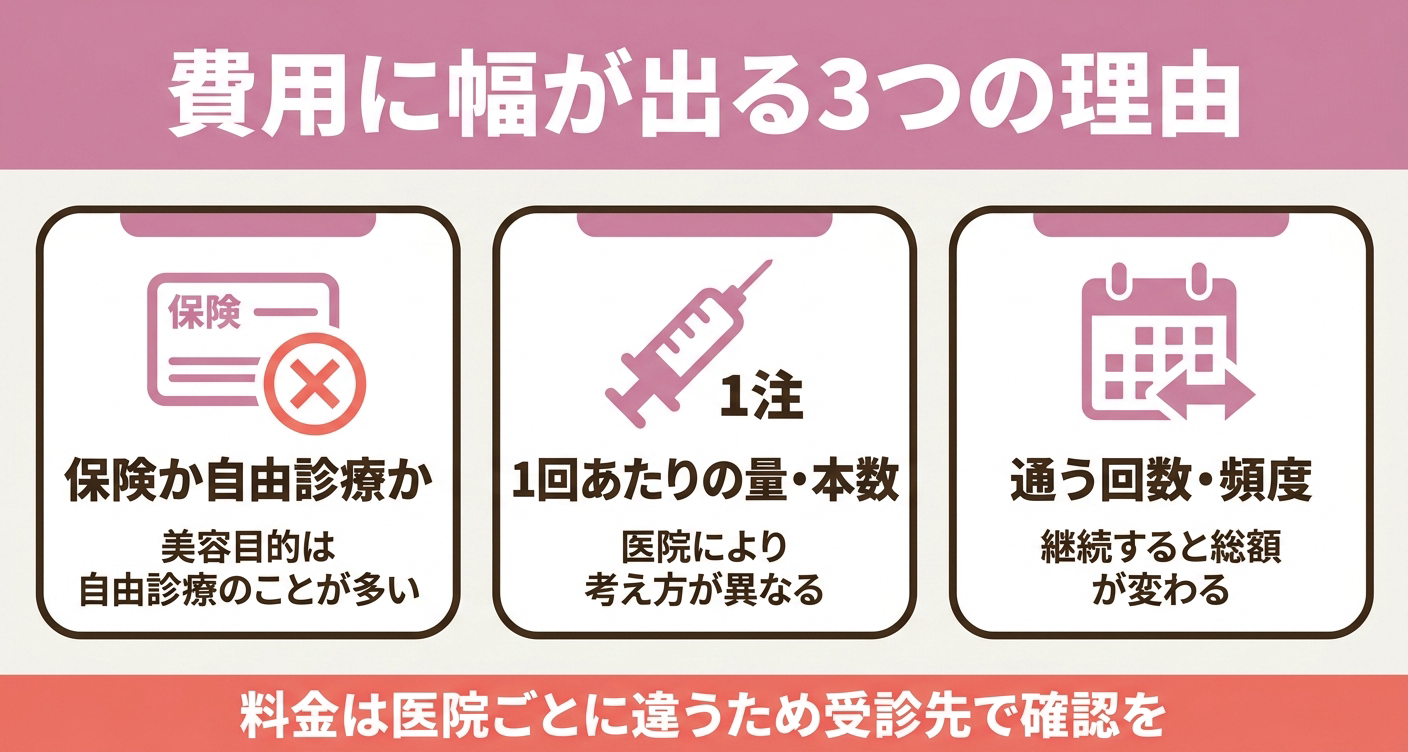 プラセンタ注射の費用に幅が出る理由を「保険か自由診療か」「1回あたりの量・本数」「通う回数・頻度」の3カードで整理した図解。美容目的は自由診療となり料金が一律でないこと、初回だけでなく総額を確認する視点を視覚的に示し、費用は受診先で確認するよう促します。