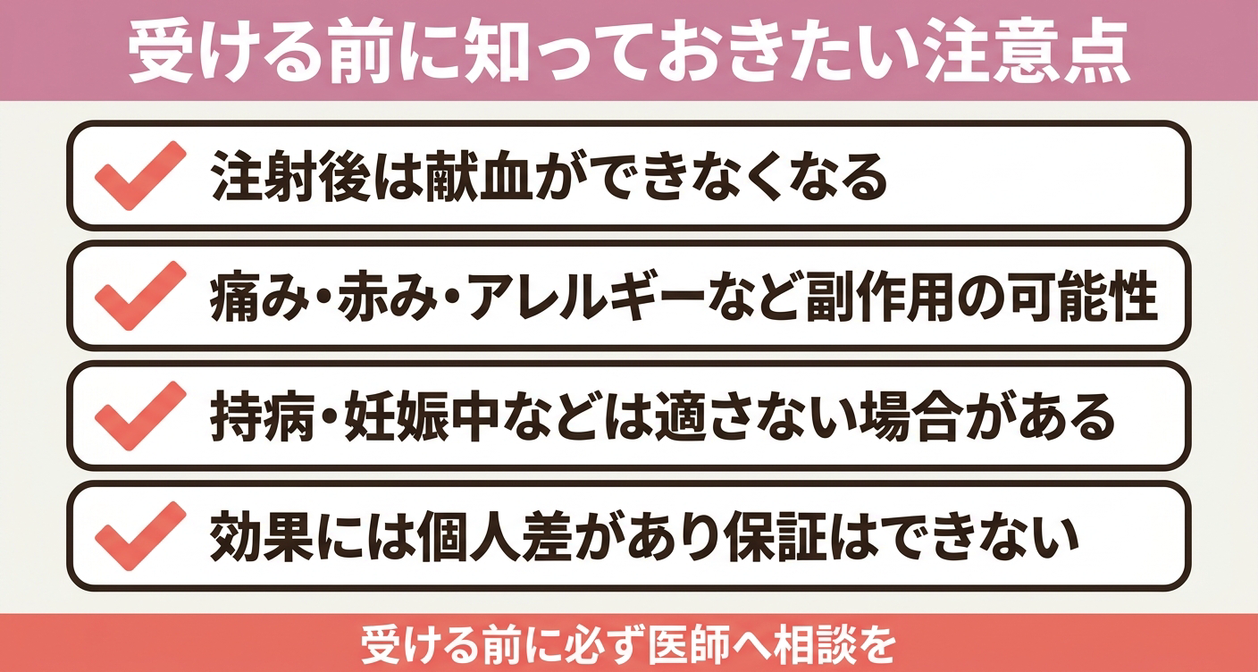 プラセンタ注射を受ける前に知っておきたい注意点を4項目のチェックリストで整理した図解。注射後は献血ができなくなる、痛み・赤み・アレルギーなど副作用の可能性、持病や妊娠中などは適さない場合がある、効果には個人差があり保証はできない、という点を示し、受ける前に必ず医師へ相談することを促します。