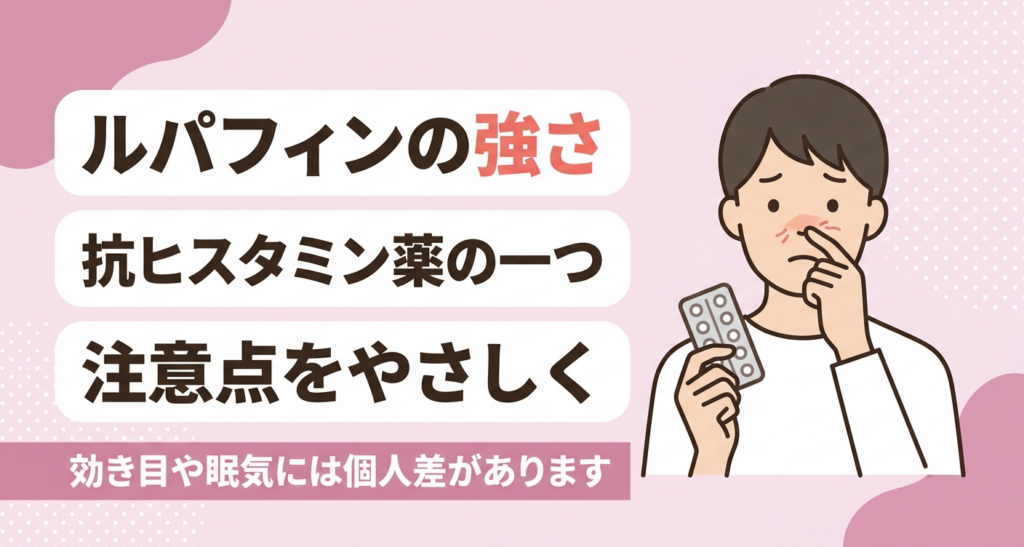 ルパフィン（ルパタジン）が抗ヒスタミン薬の一つとされること、効き目や眠気には個人差があることをやさしく伝えるアイキャッチイラスト。淡いピンクを基調に、鼻がむずむずして錠剤シートを手にした人物と、強さや注意点を中立的に解説する旨のタイトルを配置し、薬が気になる読者に安心感を与える親しみやすいデザインです。