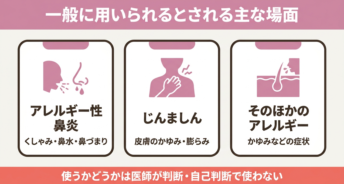 抗ヒスタミン薬が一般に用いられることがあるとされる主な場面を「アレルギー性鼻炎」「じんましん」「そのほかのアレルギー」の3カードで整理した図解。あくまで一般的な情報であること、使うかどうかは医師が判断し自己判断で使わないことを、優劣や効果保証を示さず中立的に伝えます。