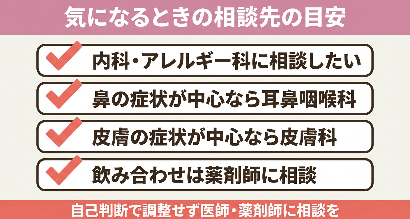 ルパフィンやアレルギー症状について相談したいときの受診先の目安を4項目のチェックリストで整理した図解。内科・アレルギー科、耳鼻咽喉科、皮膚科、薬剤師という相談先を症状別に示し、自己判断で調整せず医師・薬剤師に相談することをわかりやすく伝えます。