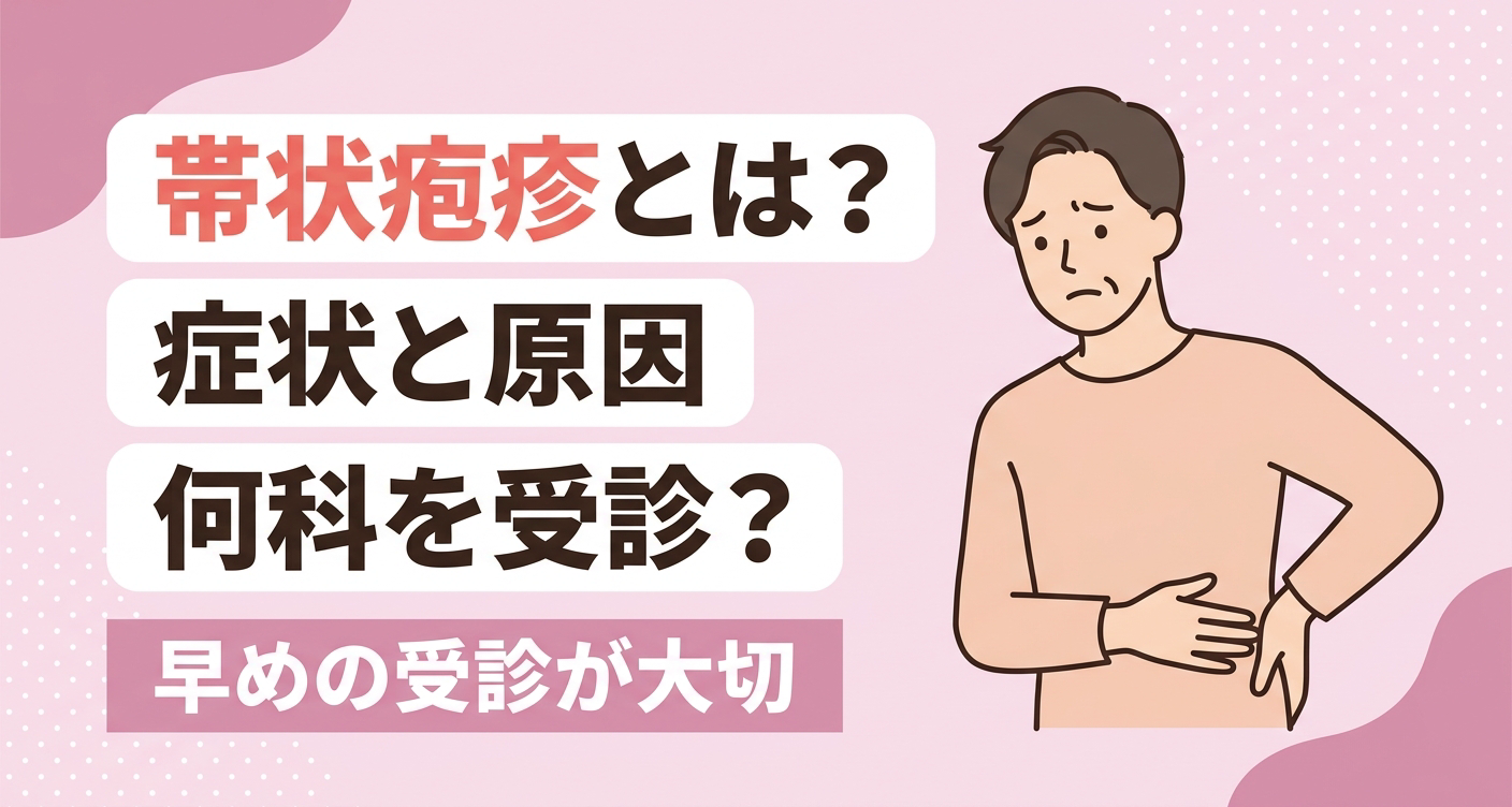 帯状疱疹とは何か、症状・原因・何科かをやさしく伝えるアイキャッチイラスト。淡いピンクを基調に、片側を気にする人物と、早めの受診が大切である旨のタイトルを配置し、痛みや発疹が気になる読者に安心感を与える親しみやすいデザインです。