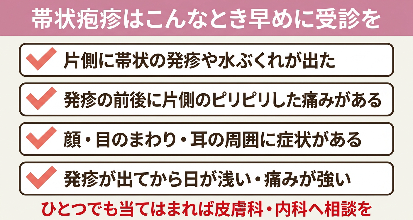 帯状疱疹で早めの受診を検討すべきサインを4項目のチェックリストで整理した図解。片側の帯状の発疹・前ぶれの痛み・顔や目まわりの症状・早い時期という受診の目安を視覚的に示し、ひとつでも当てはまれば皮膚科・内科へ相談することをわかりやすく伝えます。
