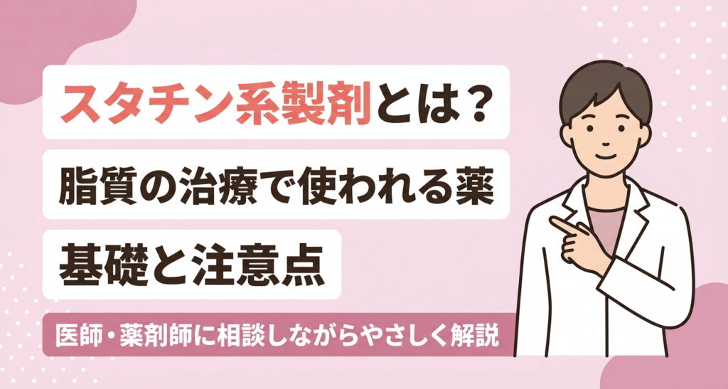 スタチン系製剤とはどのような薬とされているかを、やさしく中立に伝えるアイキャッチイラスト。淡いピンクを基調に、穏やかな医療者風の人物と、脂質の治療で使われる薬の基礎・注意点を医師や薬剤師に相談しながら解説する旨のタイトルを配置し、薬について知りたい読者に安心感を与える親しみやすいデザインです。