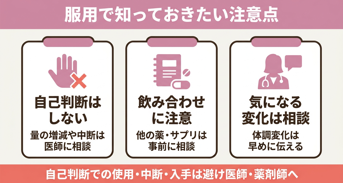 スタチン系製剤を含む処方薬の服用で知っておきたい注意点を「自己判断はしない」「飲み合わせに注意」「気になる変化は相談」の3カードで整理した図解。自己判断での使用・中断・入手を避け、医師・薬剤師に相談する姿勢を視覚的にわかりやすく伝えます。