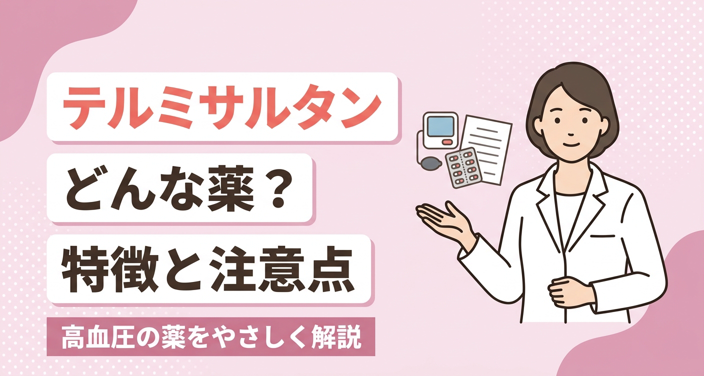 テルミサルタンが高血圧に用いられる薬であることをやさしく伝えるアイキャッチイラスト。淡いピンクを基調に、穏やかな医療者と血圧計・錠剤のモチーフ、薬の特徴と注意点を解説する旨のタイトルを配置し、処方薬について知りたい読者に安心感を与える親しみやすいデザインです。