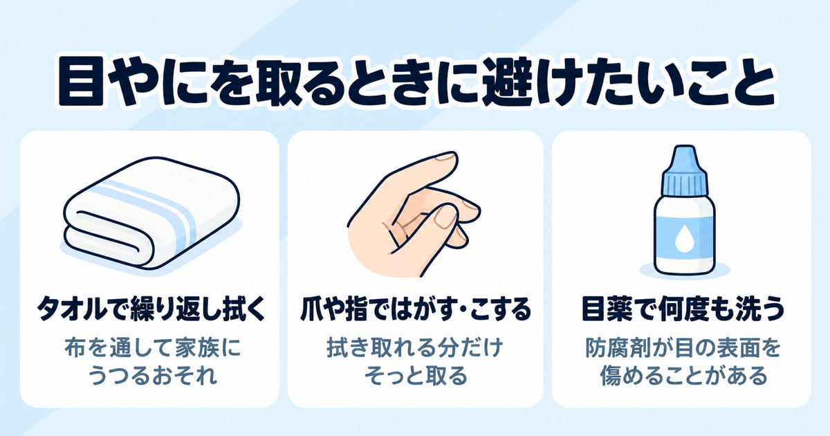 目やにを取るときに避けたいこととして、タオルで繰り返し拭く、爪や指ではがしたりこすったりする、目薬で何度も洗うの3つと、その理由や代わりの取り方を示した図