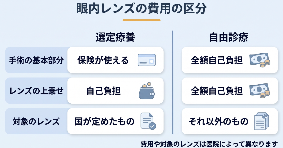 多焦点眼内レンズを使う白内障手術で、選定療養と自由診療の費用の区分を比べた図