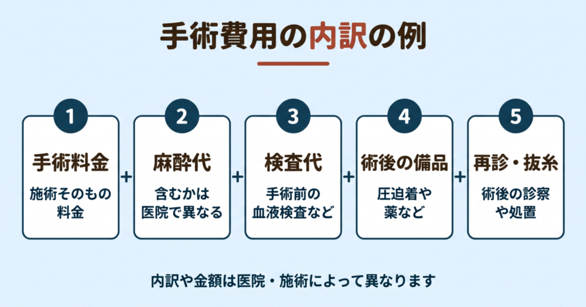 美容外科の手術費用に、手術料金のほか麻酔代・検査代・術後の備品・再診の費用が加わることがある例を示した図
