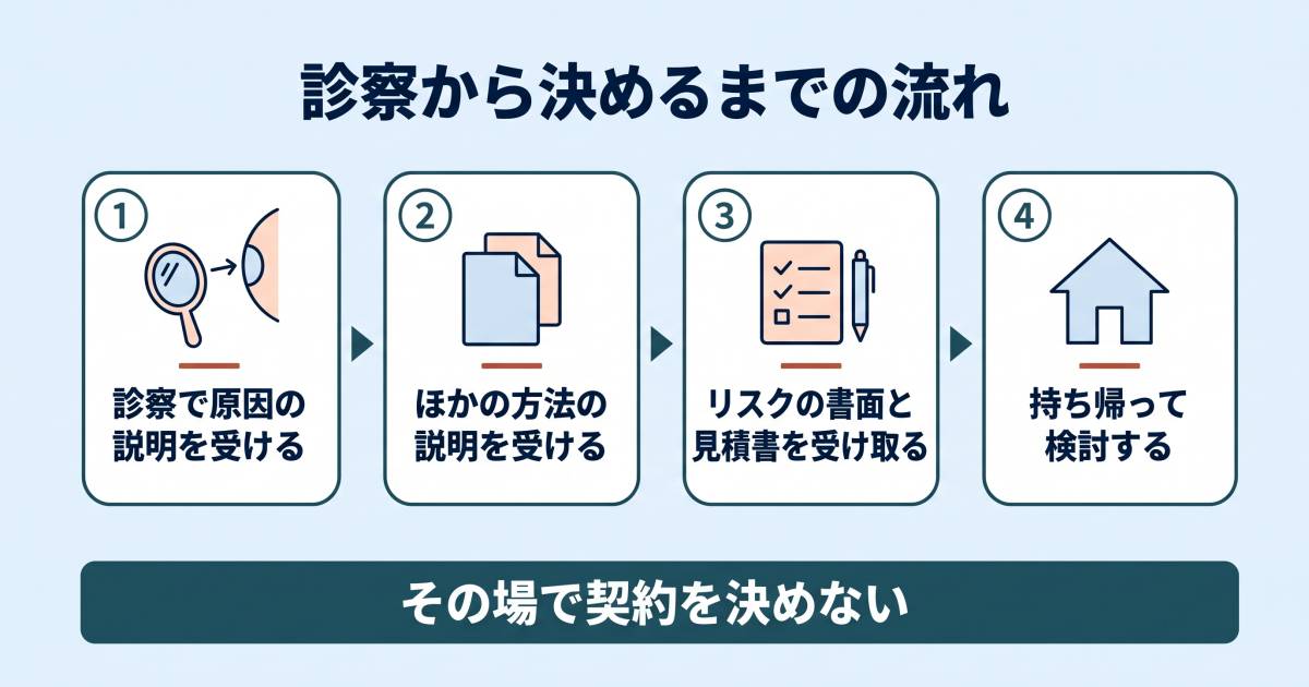 経結膜脱脂と裏ハムラを検討するとき、診察で原因とほかの方法の説明を受け、リスクの書面と見積書を受け取り、持ち帰って検討する4段階の流れ図。その場で契約を決めないことを示している