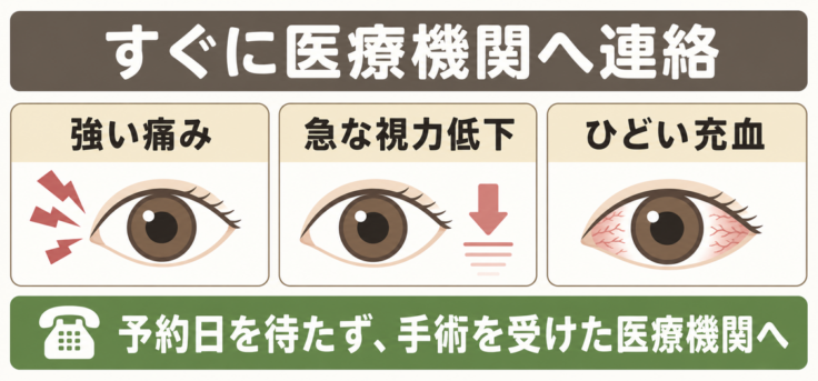 白内障手術後に強い痛み・急な視力低下・ひどい充血があればすぐ医療機関へ連絡することを示す図解