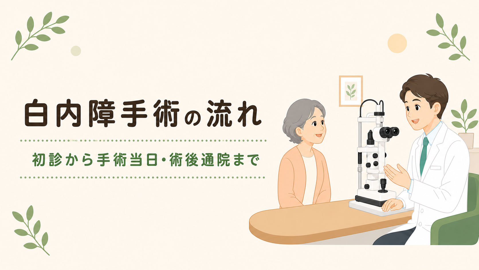 白内障手術の流れを説明する眼科医と患者のイラスト