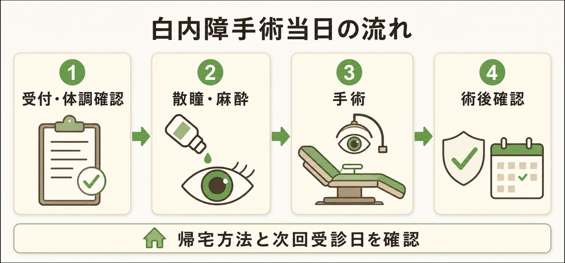 白内障手術当日の受付・体調確認から術後確認までの流れを示す図解