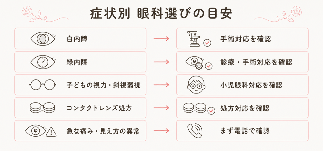症状別おすすめチャート(白内障・緑内障・小児眼科・コンタクトレンズ)