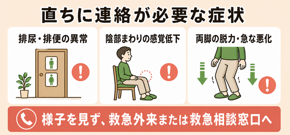 排尿・排便の異常、陰部まわりの感覚低下、両脚の脱力など直ちに医療機関へ連絡すべき症状