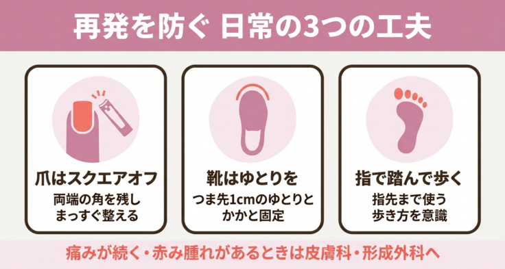 巻き爪のコットンパッキングと正しい爪切りのイメージ