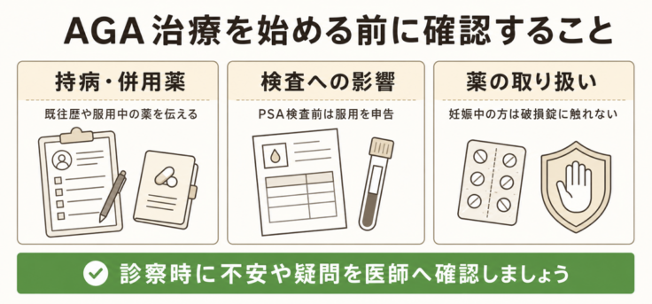 AGA治療前に確認したい持病・併用薬、PSA検査への影響、薬の取り扱い