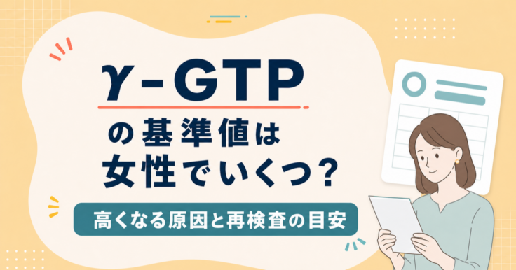 γ-GTPの基準値は女性でいくつ？高くなる原因と再検査の目安を伝えるアイキャッチイラスト。オレンジ系の背景に、健診結果を確認する女性のイラストと吹き出し風のタイトルを配置したデザインです。